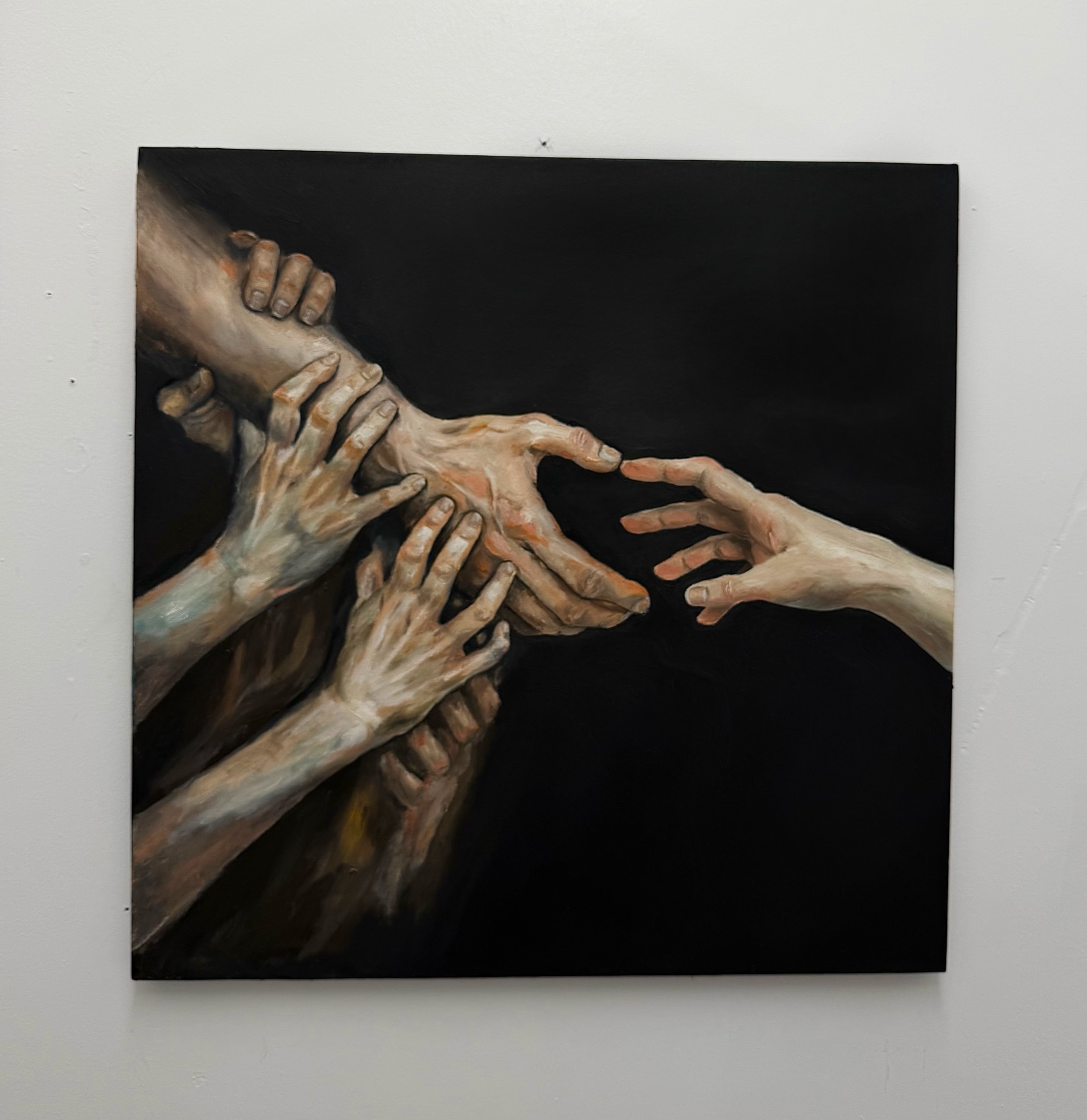 Full view of "The Reach" 24 × 24 inch oil painting by Annalisa Liu in studio light